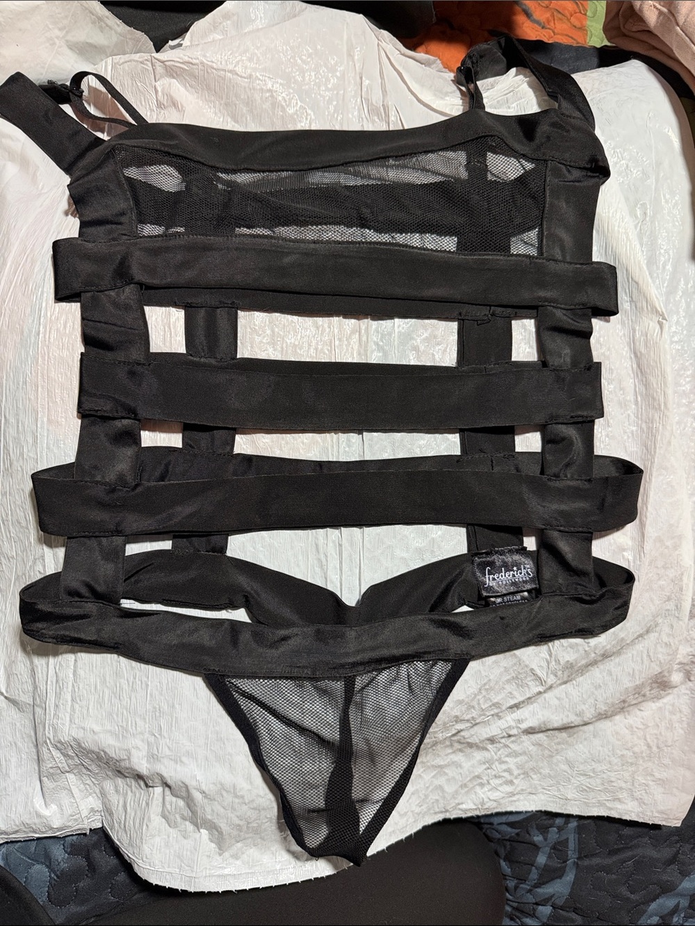 Sexy Frederick's of Hollywood Black Strappy Mesh Cage Bodysuit